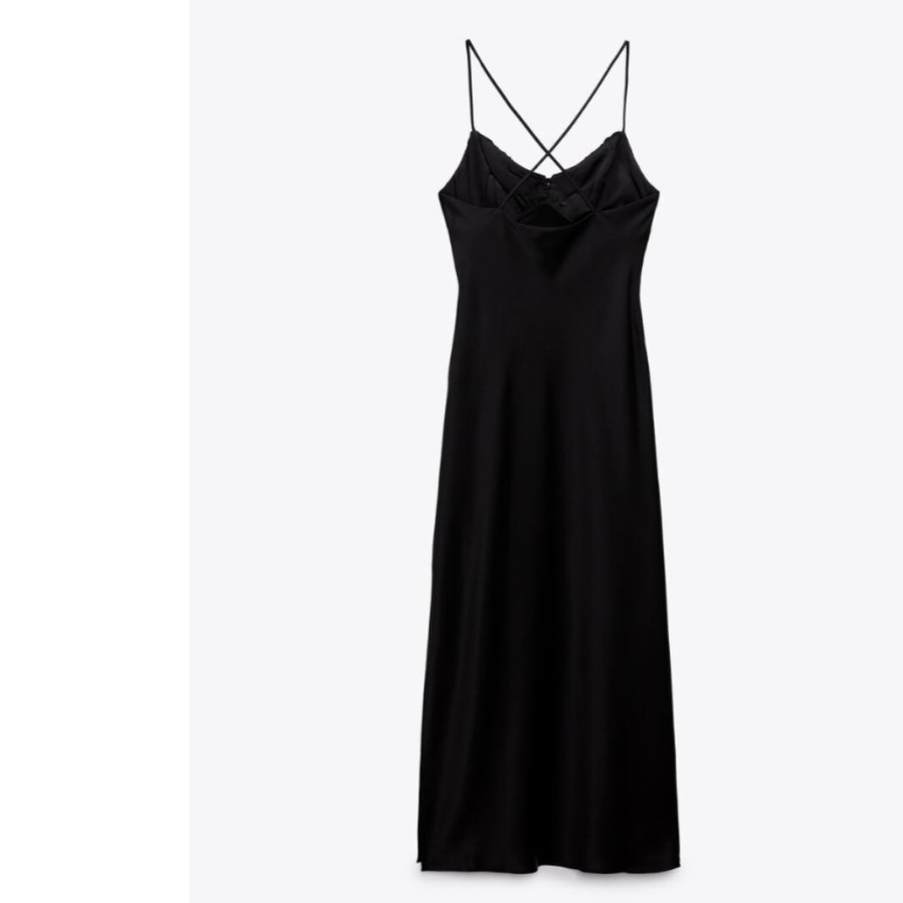 ZARA BLACK SATIN LACE V NECK CROSSED BACK MAXI DRESS - Picture 4 of 4